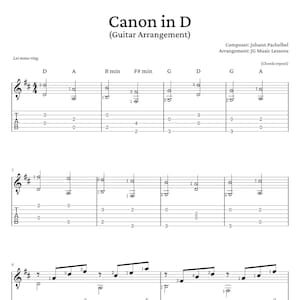 Op de afbeelding: Partituur voor een gitaararrangement van de klassieke Canon in D van Johann Pachelbel. De muziek bevat de akkoorden en noten voor elke snaar van de gitaar.