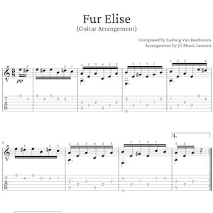 Könnte beinhalten: Notenblatt für das Klavierstück "Für Elise" von Ludwig van Beethoven. Die Musik ist für Gitarre arrangiert und enthält Tabulaturen für die Gitarrensaiten. Der Titel des Stückes ist in großen, fetten Buchstaben oben auf der Seite geschrieben. Der Name des Komponisten und der Name des Arrangeurs sind ebenfalls enthalten.
