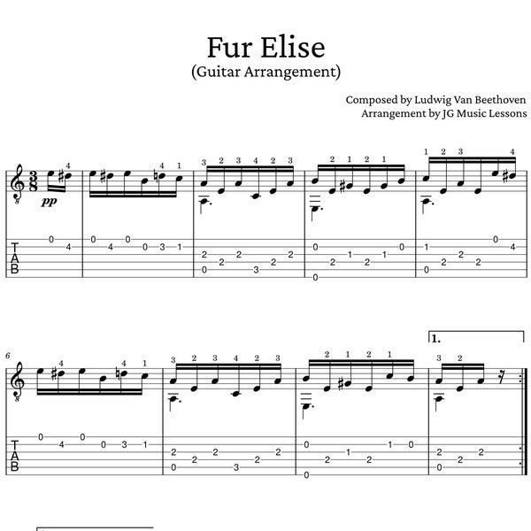 Partitura para guitarra de Fur Elise con tablaturas - tablas de acordes, melodía y arreglos