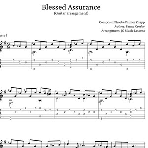 Blessed Assurance guitar sheet music with tabs, chord charts, melody, and arrangement