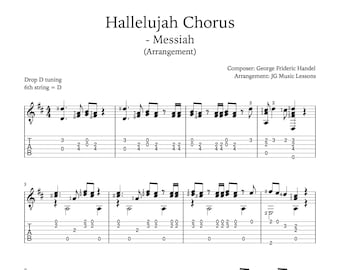 Partitura para guitarra del coro Hallelujah (tablaturas y tablaturas, 9 páginas)