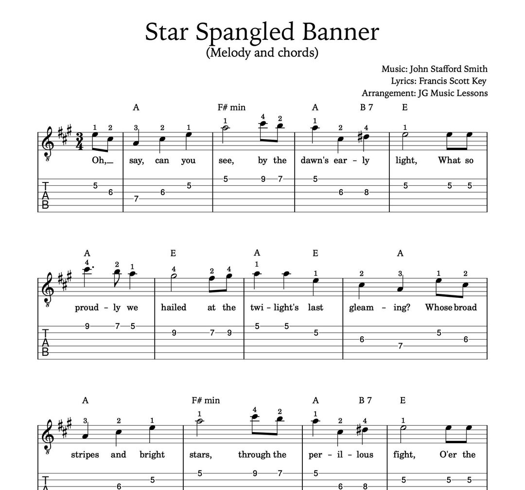 Star Spangled Banner Guitar Sheet Music With Tabs Chords and Melody Etsy