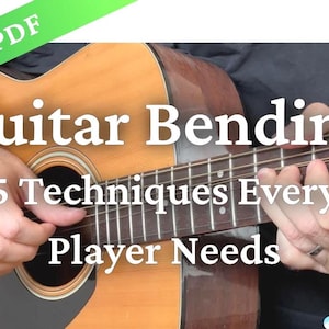 May include: A wooden acoustic guitar with a dark pickguard and metal strings. The text overlay reads: Lesson PDF, Guitar Bending, 5 Techniques Every Player Needs, and JG Music Lessons. The image shows the fretboard and sound hole of the instrument.
