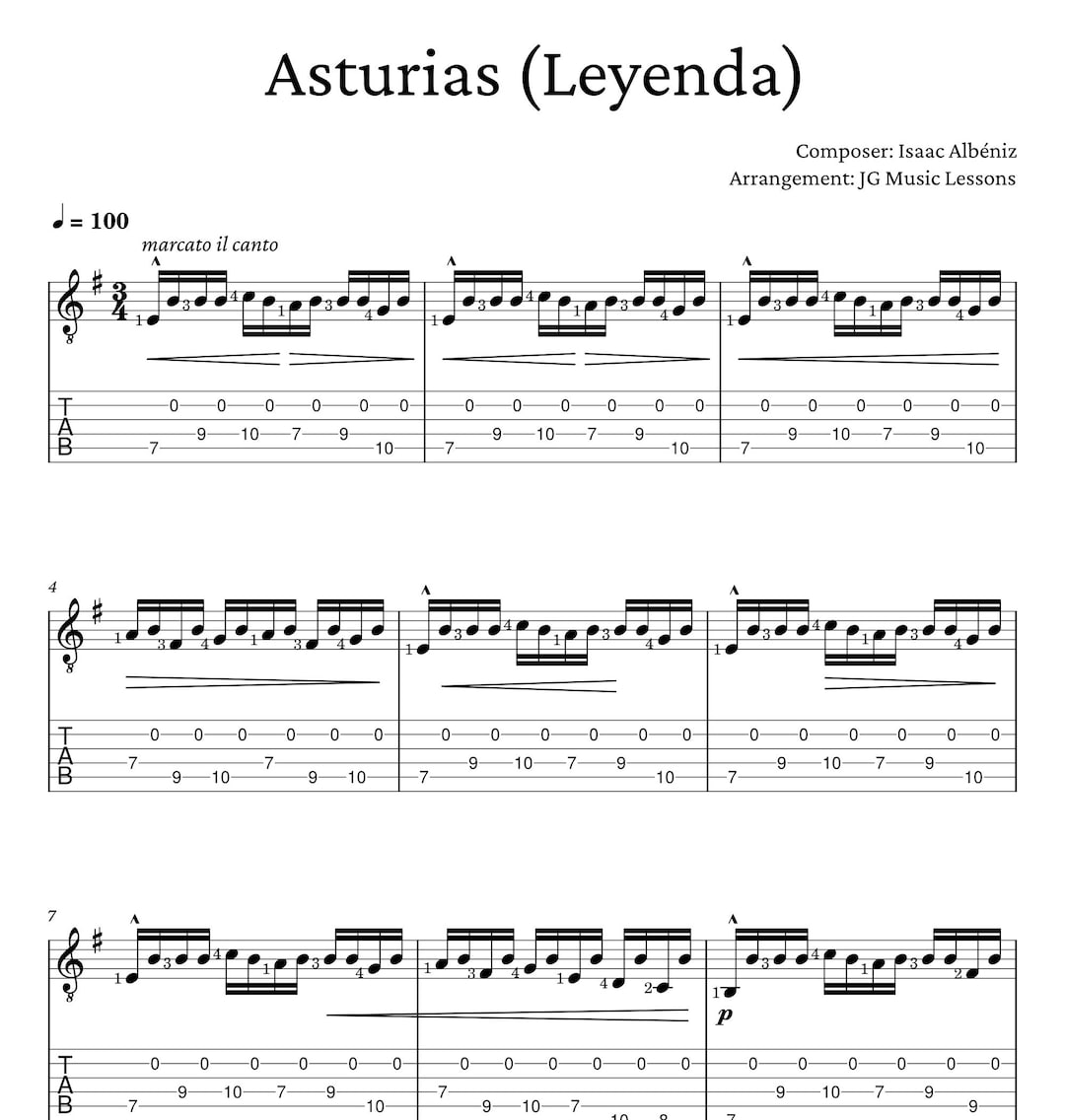 Asturias Guitar Sheet Music: Fingerstyle Tabs for Solo Acoustic - Etsy