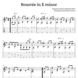 May include: A sheet music score for a guitar arrangement of the Bourrée in E minor by Johann Sebastian Bach. The score includes the title, composer, arranger, and musical notation for the guitar.