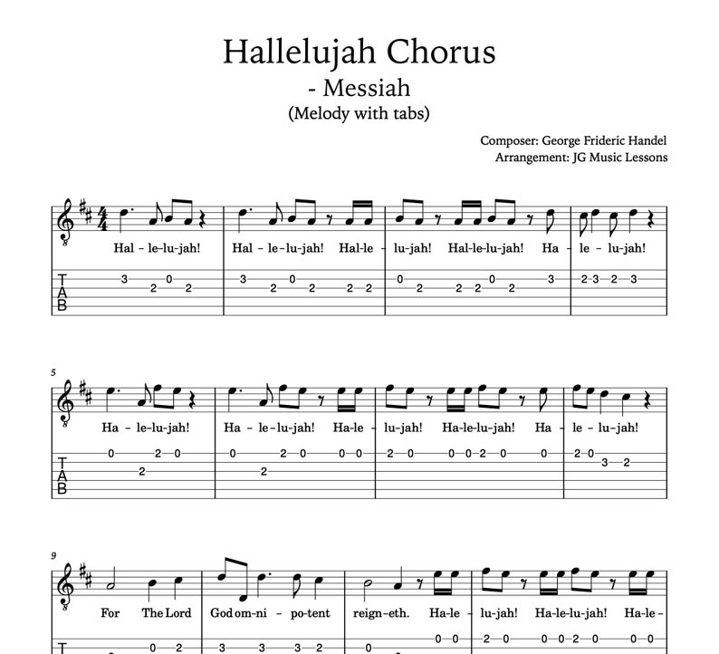 Hallelujah Chorus messiah Guitar Sheet Music Melody With Tabs and Arrangement Etsy