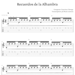 Recuerdos de la Alhambra by Tárrega - guitar tabs sheet music