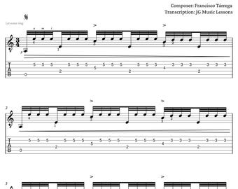 Recuerdos de la Alhambra Sheet Music: Tárrega Guitar Tabs