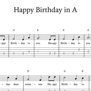 Happy Birthday guitar sheet music with tabs - chord charts and melody in different keys!