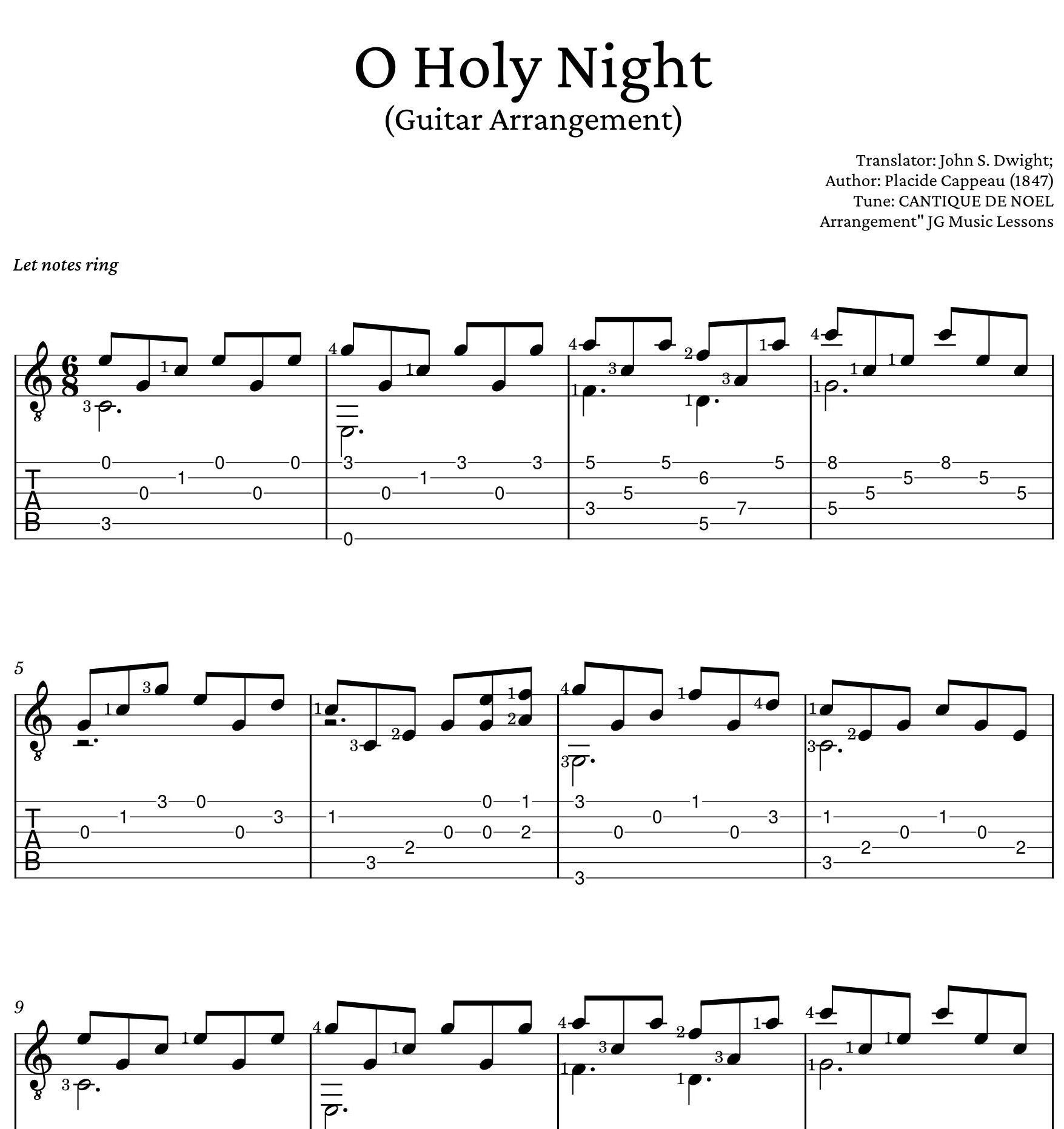 O Holy Night」ギター楽譜 - フィンガースタイルのタブ譜とコード譜