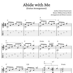 Puede incluir: Partitura de "Abide with Me" (Arreglo para guitarra) de Henry Francis Lyte, William Henry Monk, arreglada por JG Music Lessons. La notación musical incluye clave de sol, tablatura de guitarra y símbolos de acordes.