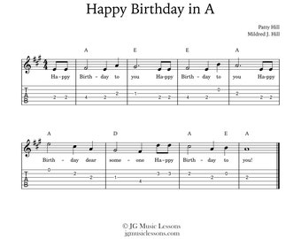 Happy Birthday guitar sheet music with tabs - chord charts and melody in different keys!