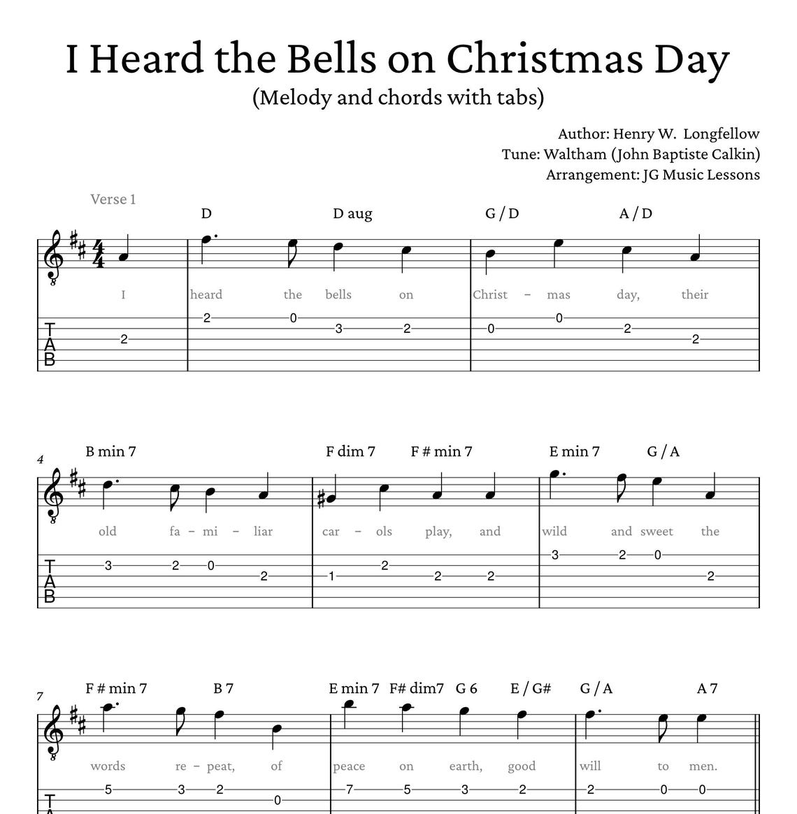 I Heard the Bells on Christmas Day Guitar Sheet Tabs