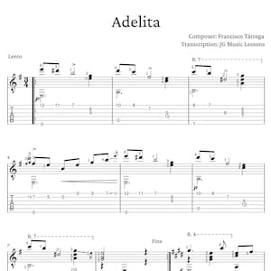 Adelita by Tarrega guitar sheet music with tabs