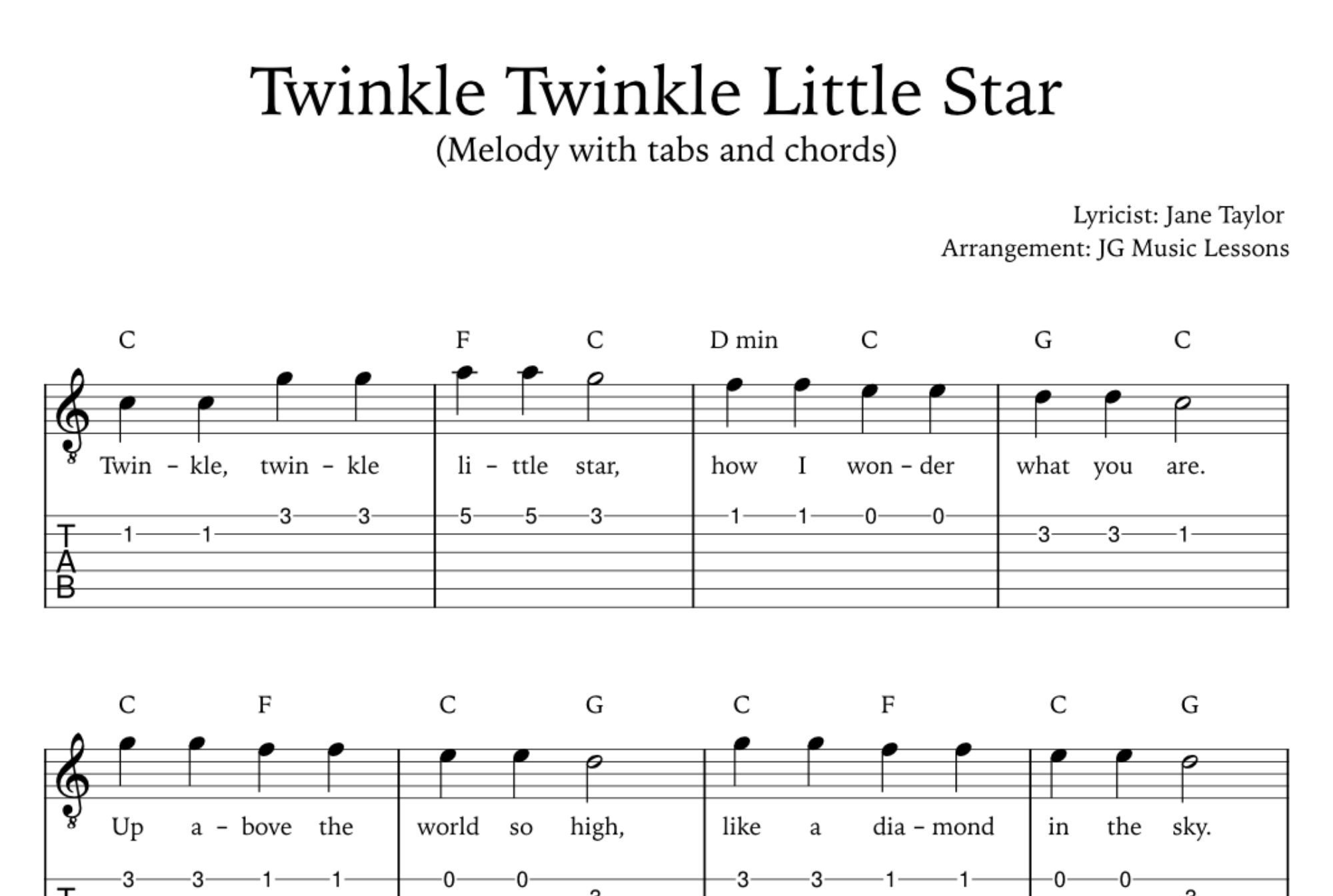 Twinkle Twinkle Little Star Guitar Sheet Music With Tabs Chords, Melody ...