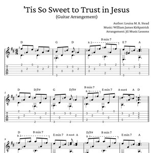 Tis So Sweet to Trust in Jesus guitar sheet music with tabs - chords, melody, and arrangement