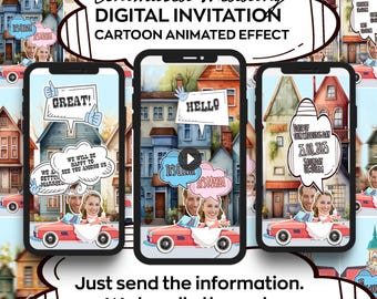 May include: A digital wedding invitation with a cartoon animated effect. The invitation features a couple in a red car driving through a cartoon town. The text on the invitation says "Animated Wedding Digital Invitation Cartoon Animated Effect".