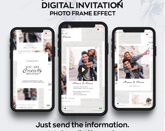 May include: A digital wedding invitation with a photo frame effect. The invitation features a couple's photo and the text "You are Cordially Invited" and "Maria & Oliver".