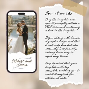 K&ouml;nnte beinhalten: Der Bildschirm eines Mobiltelefons zeigt eine Vorlage f&uuml;r eine Hochzeitseinladung mit einem Foto eines Paares vor einem See. Der Text auf dem Bildschirm lautet "Our Wonderful Day" und "Robert and Julia". Der Text auf dem Bildschirm ist in Schwarzwei&szlig;. Das Telefon befindet sich auf einem wei&szlig;en Hintergrund.