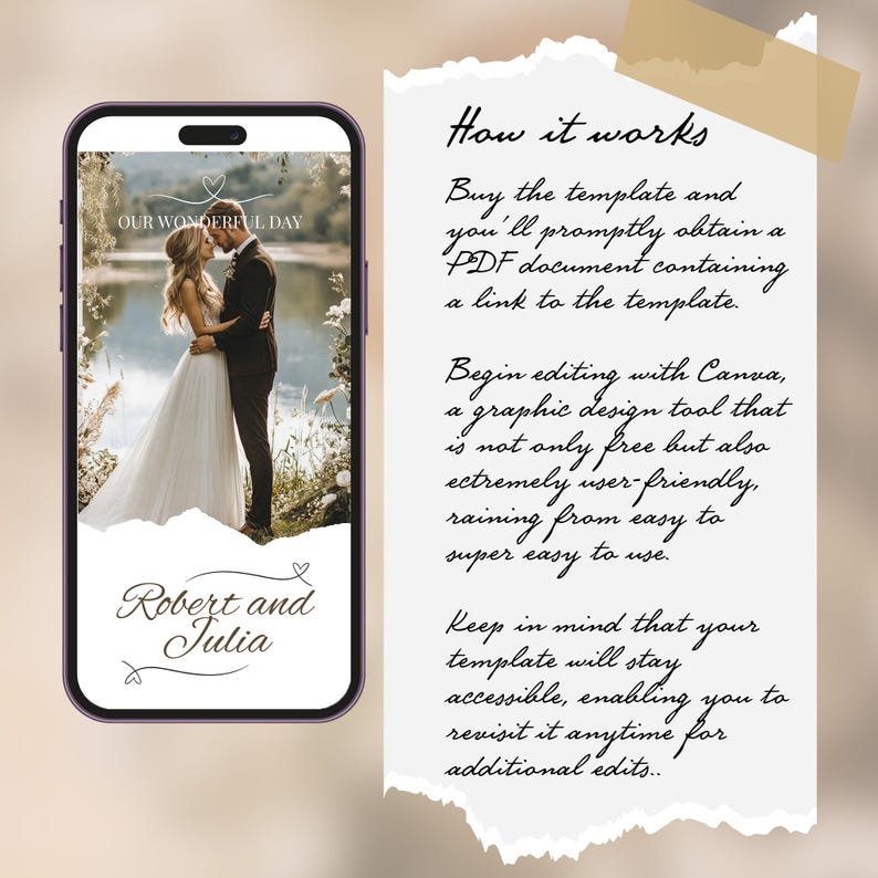 K&ouml;nnte beinhalten: Der Bildschirm eines Mobiltelefons zeigt eine Vorlage f&uuml;r eine Hochzeitseinladung mit einem Foto eines Paares vor einem See. Der Text auf dem Bildschirm lautet "Our Wonderful Day" und "Robert and Julia". Der Text auf dem Bildschirm ist in Schwarzwei&szlig;. Das Telefon befindet sich auf einem wei&szlig;en Hintergrund.