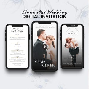 Könnte beinhalten: Eine digitale Hochzeitseinladung mit einem Schwarzweißfoto eines Paares. Die Einladung enthält die Namen des Paares, "Maria & Oliver", das Hochzeitsdatum, "25. August 20XX", und die Uhrzeit, "18:00 Uhr". Die Einladung enthält auch den Ort, "10500 Nelson California City CA, USA".