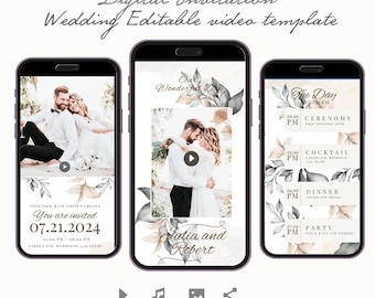 Floral Wedding Video Invitation Template, Animated Wedding Invitation, Digital Wedding Announcement Canva Template, RSVP, Details