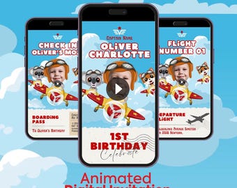 May include: A digital invitation for a 1st birthday party with a plane theme. The invitation features a cartoon plane with a play button in the center. The text on the invitation reads "Captain Name Oliver Charlotte 1st Birthday Celebrate".