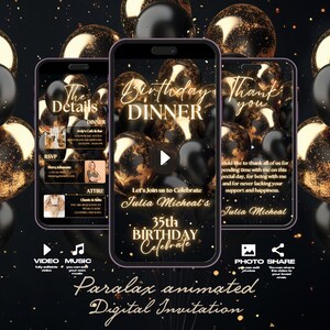 Birthday Video Invitation Template,Birthday Dinner Video Template,Golden and Black ,Electronic Dinner Video Invitation. Details,RSVP