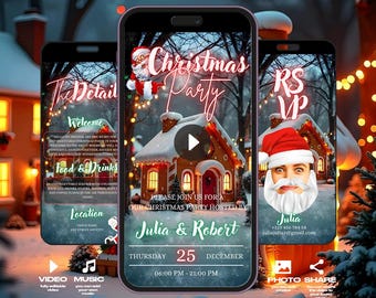 May include: A digital invitation for a Christmas party hosted by Julia & Robert. The invitation features a festive winter scene with a gingerbread house, a Santa Claus character, and a play button. The text on the invitation includes the date, time, and RSVP information.