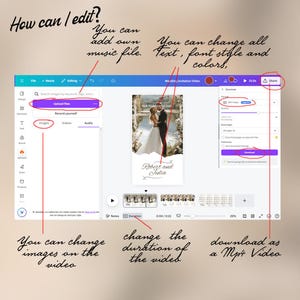 K&ouml;nnte beinhalten: Ein Screenshot eines Computerbildschirms, der einen Video-Editor f&uuml;r Hochzeitseinladungen zeigt. Der Video-Editor bietet eine Vielzahl von Funktionen, darunter die M&ouml;glichkeit, Dateien hochzuladen, sich selbst aufzunehmen, Musik hinzuzuf&uuml;gen, Text, Schriftstil und Farben zu &auml;ndern, Bilder zu &auml;ndern und die Dauer des Videos anzupassen. Der Video-Editor erm&ouml;glicht es Ihnen auch, das Video als MP4-Datei herunterzuladen.