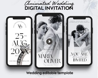 May include: Black and white animated wedding invitation template with a photo of a couple and the text "Save the Date" and "The Wedding of Maria Oliver".