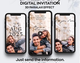 May include: A digital wedding invitation with a 3D parallax effect. The invitation features a couple in a photo with the text "You are cordially invited to the wedding of Maria Oliver" and a play button. The date of the wedding is August 25, 2025, at 6:00 PM.