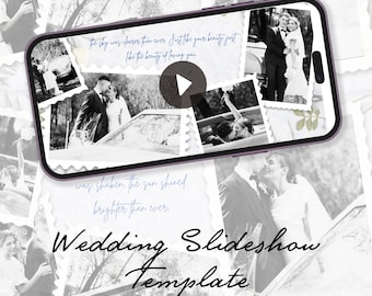Könnte beinhalten: Eine Hochzeits-Diashow-Vorlage auf dem Bildschirm eines Smartphones mit einem Play-Button. Die Vorlage zeigt Schwarzweißfotos eines Paares und den Text "the sky was clearer than ever. Just like your beauty just like the beauty of loving you." und "was shaken. The sun shined brighter than ever."