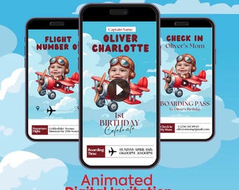 May include: A digital invitation for a 1st birthday party with a red airplane theme. The invitation features a photo of a baby in a pilot's hat and goggles, flying a red airplane in the sky. The text on the invitation reads "1st Birthday Celebrate" and includes the date and time of the party. The invitation also includes a boarding pass with the text "Check in Oliver's Mom" and a phone number.