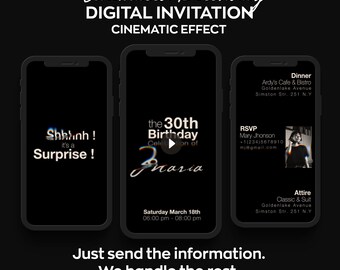 May include: A digital invitation for a 30th birthday party. The invitation features a black background with a play button and the text "the 30th Birthday Celebration of [name]" in a glittery font. The invitation also includes the date and time of the party, the location, and the dress code.