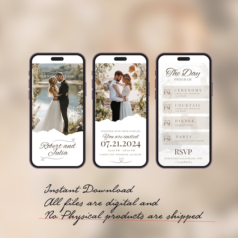 K&ouml;nnte beinhalten: Drei Smartphone-Bildschirme, die eine Hochzeitseinladung mit einem Foto des Paares, dem Hochzeitsdatum und dem Hochzeitsprogramm zeigen. Der Text auf den Bildschirmen lautet "Unser wundervoller Tag", "Robert und Julia", "Gemeinsam mit ihren Familien, Sie sind eingeladen, 07.21.2024", "Der Tag, Programm, Zeremonie, Cocktail, Abendessen, Party, RSVP".