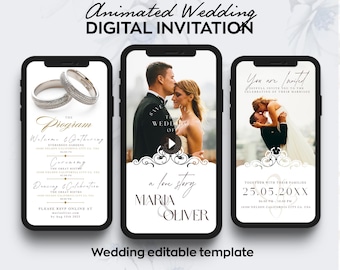 May include: A digital wedding invitation template with three different screens. The first screen shows a wedding program with the text "The Program" and a gold ring design. The second screen shows a couple in a wedding photo with the text "a love story Maria & Oliver". The third screen shows a couple in a wedding photo with the text "You are invited" and "Together with their families 25.05.20XX".