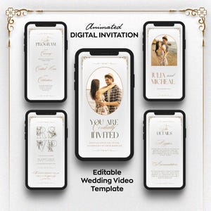 Editable Wedding Video Invitation Template, Animated Wedding Invitation RSVP, Details & Program, Add Your Own Photo and Music, Canva, HE002