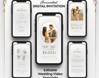 May include: A digital wedding invitation video template with a gold and white color scheme. The template includes a program, RSVP, details, and a photo of the couple. The text on the template reads "Animated Digital Invitation", "You Are Cerdially Invited", "Julia and Micheal", "Program", "RSVP", "Details".