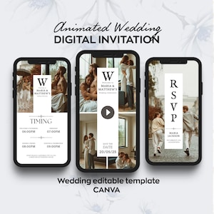 Könnte beinhalten: Eine digitale Hochzeitseinladungsvorlage mit einer Collage von Fotos eines Paares. Die Vorlage enthält einen Wiedergabebutton, ein Datum zum Speichern und einen RSVP-Bereich. Der Text auf der Vorlage lautet "Animierte Hochzeit Digitale Einladung", "Willkommen zu Maria & Matthews Hochzeitfeier", "Save the Date 20/05/25", "RSVP", "Maria Jackson", und "Hochzeit editierbare Vorlage Canva".