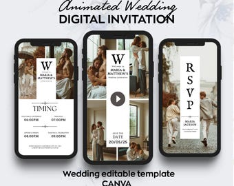 May include: A digital wedding invitation template with a collage of photos of a couple. The template includes a play button, a save the date, and an RSVP section. The text on the template reads "Animated Wedding Digital Invitation", "Welcome to Maria & Matthew's Wedding Celebration", "Save the Date 20/05/25", "RSVP", "Maria Jackson", and "Wedding editable template Canva".