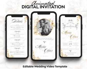 Plantilla de invitación de boda en video, invitación de boda animada, detalles, confirmación de asistencia, plantilla de video de boda, boda digital HAER004