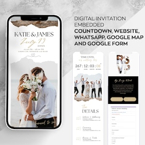 Invitation WEB avec Whatsapp intégré ou réseaux sociaux et compte à rebours de carte, modèle de toile de mariage numérique Google Forms, invitation de site Web