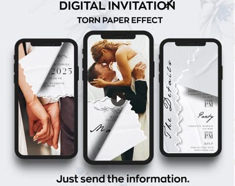 May include: A digital wedding invitation with a torn paper effect. The invitation features a photo of a couple, the date "2025", and the text "The Details".