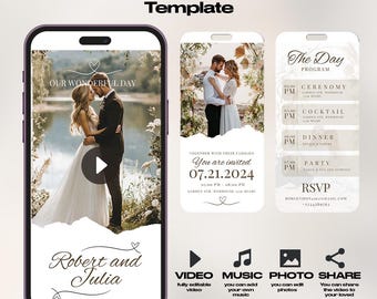 Könnte beinhalten: Eine Hochzeit-Videovorlage mit weißem Hintergrund und einem Foto eines Paares in einem Garten. Der Text "Our Wonderful Day" befindet sich oben auf der Vorlage. Der Text "Robert and Julia" befindet sich unten auf der Vorlage. Der Text "You are invited 07.21.2024" befindet sich in der Mitte der Vorlage. Der Text "The Day Program" befindet sich oben auf der Vorlage. Der Text "Ceremony, Cocktail, Dinner, Party" befindet sich in der Mitte der Vorlage. Der Text "RSVP" befindet sich unten auf der Vorlage.