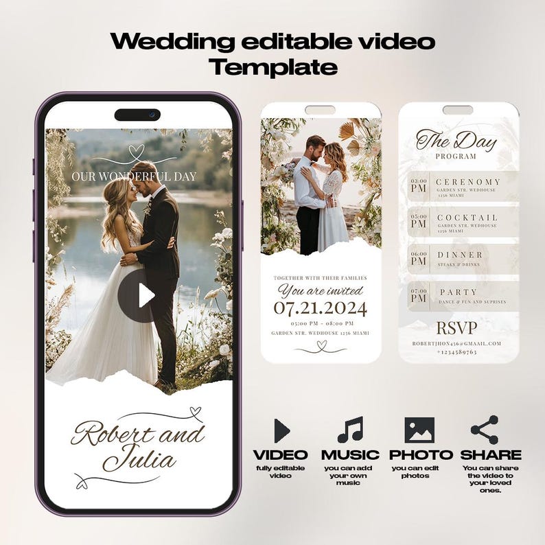 K&ouml;nnte beinhalten: Eine Hochzeit-Videovorlage mit wei&szlig;em Hintergrund und einem Foto eines Paares in einem Garten. Der Text "Our Wonderful Day" befindet sich oben auf der Vorlage. Der Text "Robert and Julia" befindet sich unten auf der Vorlage. Der Text "You are invited 07.21.2024" befindet sich in der Mitte der Vorlage. Der Text "The Day Program" befindet sich oben auf der Vorlage. Der Text "Ceremony, Cocktail, Dinner, Party" befindet sich in der Mitte der Vorlage. Der Text "RSVP" befindet sich unten auf der Vorlage.