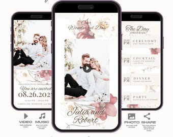Floral Wedding Video Invitation Template, Animated Wedding Invitation, Digital Wedding Announcement Canva Template, RSVP, Details