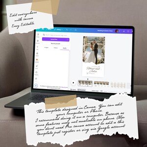 K&ouml;nnte beinhalten: Ein Laptop-Bildschirm zeigt eine Canva-Vorlage f&uuml;r ein Hochzeits-Einladungsvideo. Die Vorlage zeigt ein Foto eines Paares auf einem Feld mit dem Text "Robert und Julia" darunter. Der Bildschirm zeigt auch die Canva-Bearbeitungswerkzeuge.