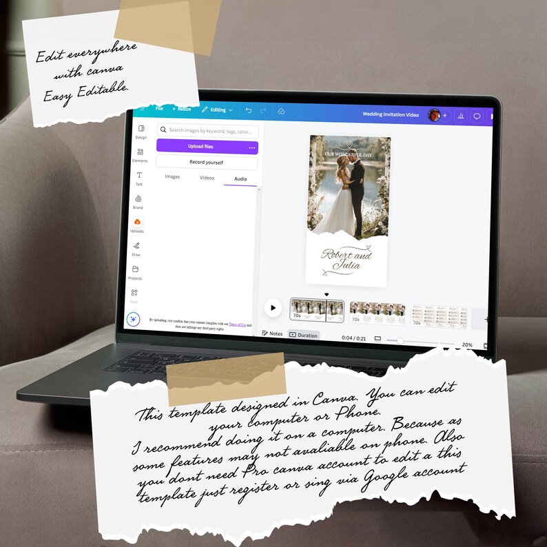 K&ouml;nnte beinhalten: Ein Laptop-Bildschirm zeigt eine Canva-Vorlage f&uuml;r ein Hochzeits-Einladungsvideo. Die Vorlage zeigt ein Foto eines Paares auf einem Feld mit dem Text "Robert und Julia" darunter. Der Bildschirm zeigt auch die Canva-Bearbeitungswerkzeuge.