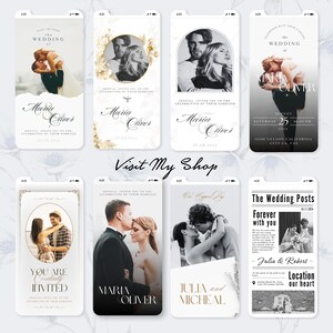 K&ouml;nnte beinhalten: Ein Satz von 10 digitalen Hochzeitseinladungsvorlagen f&uuml;r Mobiltelefone. Die Vorlagen bieten eine Vielzahl von Designs, darunter florale, minimalistische und Vintage-Stile. Der Text auf den Vorlagen enth&auml;lt die Namen des Paares, das Datum der Hochzeit und den Ort der Hochzeit.